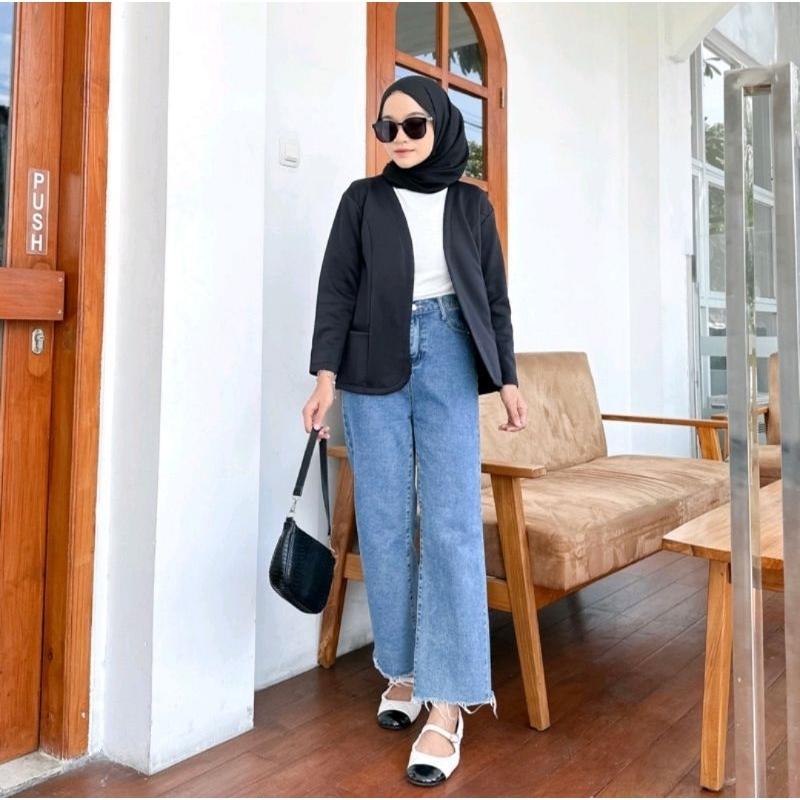 Blazer WANITA Kekinian Scuba polos Tanpa kancing Nabila Blazer Outer OOTD Basic Jaket Cewek Atasan Casual Panjang Hitam Tebal 5