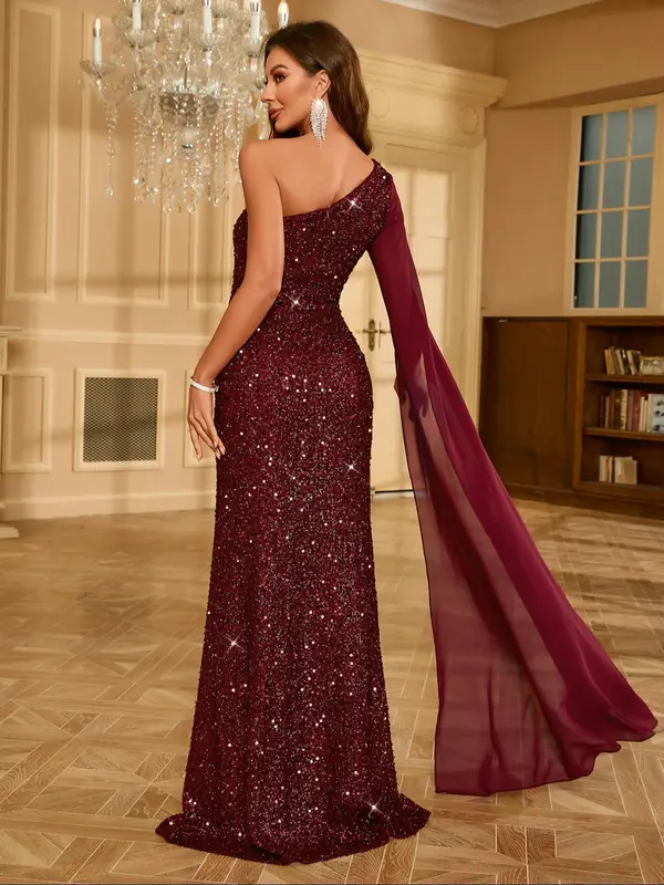 Women's Solid Glitter Sequins Cut Out One Shoulder Evening Mermaid Dress, Elegant Contrast Mesh Extra-long Sleeve  Asymmetrical Zipper Back Maxi Dress for Party Banquet, Ladies' Clothes for All Seasons 1