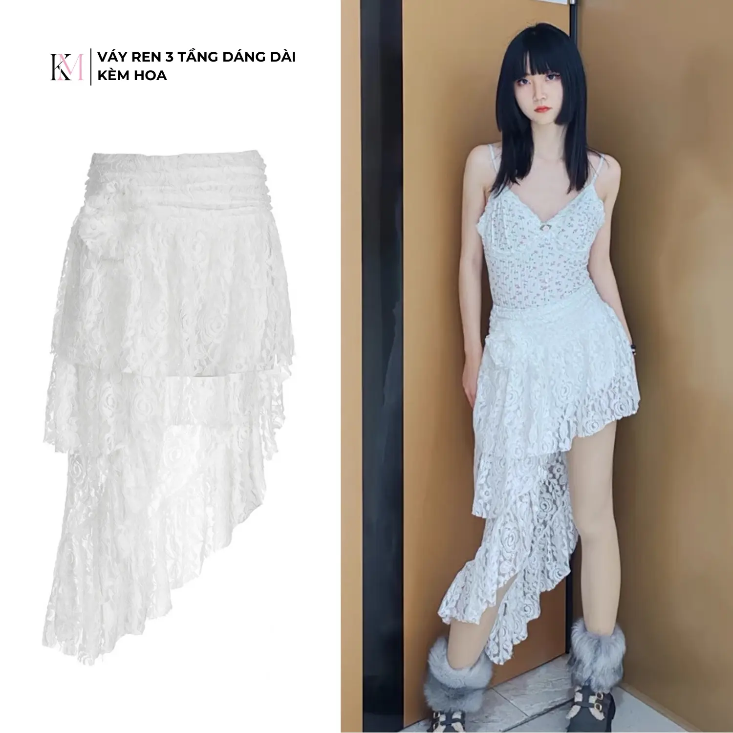 Váy ren tầng nữ dáng dài phong cách Pháp lãng mạn style kèm hoa - CV01 Kem Women