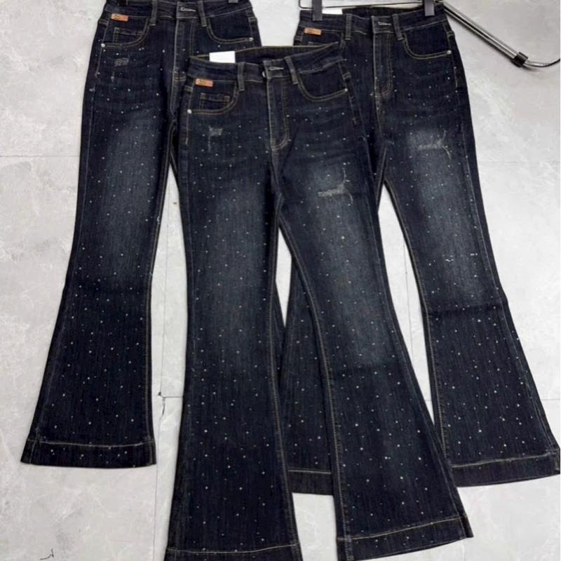 Quần jean nữ ống loe đính đá bling màu xanh bụi, lưng siêu cao hách dáng 7