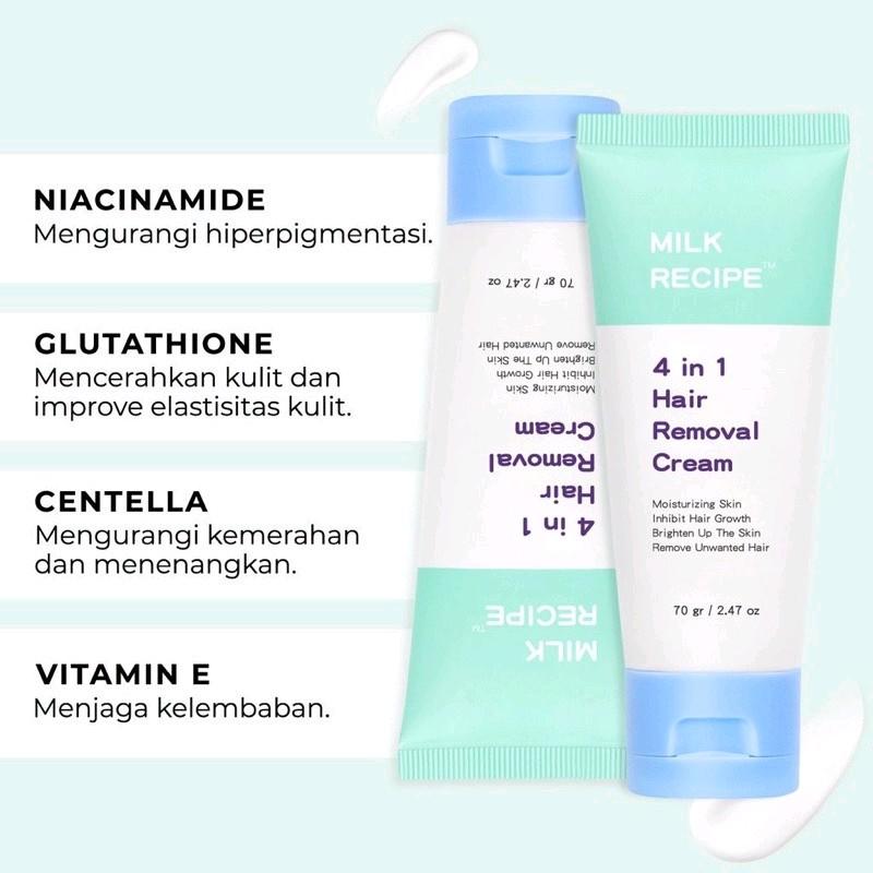 Milk Recipe 4 in 1 Hair Removal Cream 70 gram - Krim Waxing Non-Irritating Perontok Bulu Ketiak Melembabkan Niacinamide 2