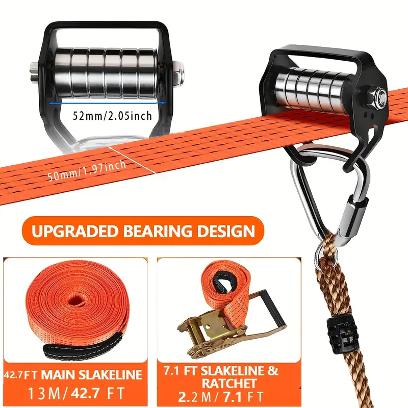 1pc Orange Polyester Zip Line Set for Kids and Adults, 50ft Soft Rope Pulley Kit for Warrior Obstacle Courses, 330lb Max Load Outdoor Backyard Adventure Equipment 2