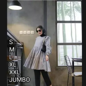 Size S M L XL XXL XXXL JUMBO Tunik Kotak-kotak Serut Pakaian Wanita Muslimah Terbaru Palinglaris Panjang Atasan