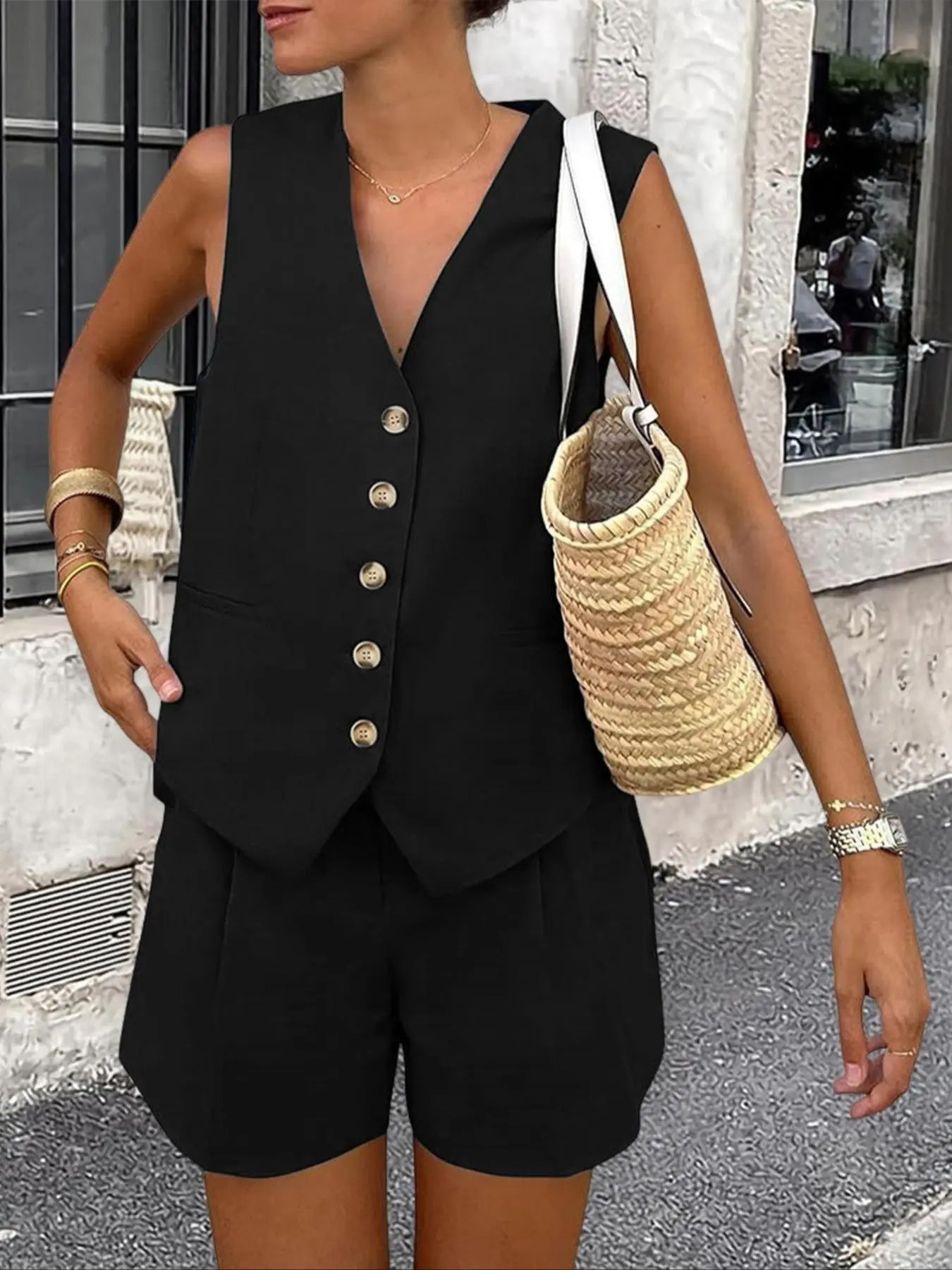 Women's Solid Color Tank Top & Wide Leg Shorts Two-piece Set, Casual Sleeveless Top & Shorts for Summer, Ladies Clothes for Daily Wear