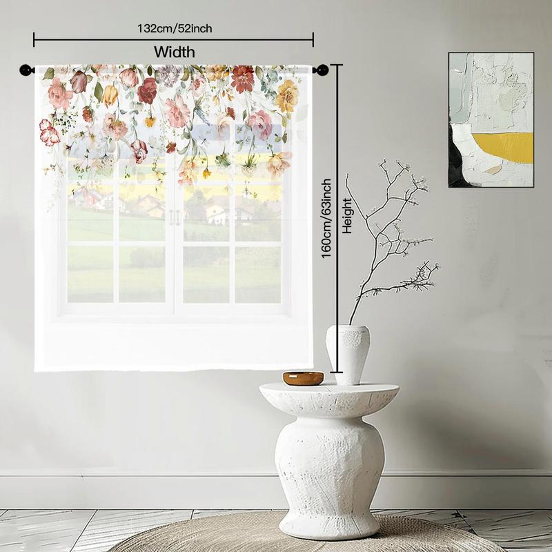 Product Introduction of Floral Pattern Door Curtain, 1/2 Counts Flower Printed Curtain with Rod Pocket Design, Home Decor for Living Room Bedroom Study Room 5