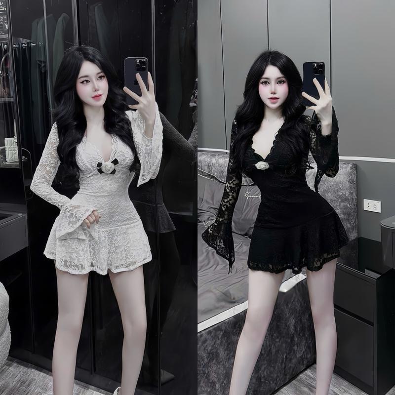 Đầm váy nữ ren hoa tay dài đính nơ [Có Mút, Có Lót Quần] với tone 2 màu xinh xắn dành cho các nàng diện đi chơi, đi tiệc Women Top