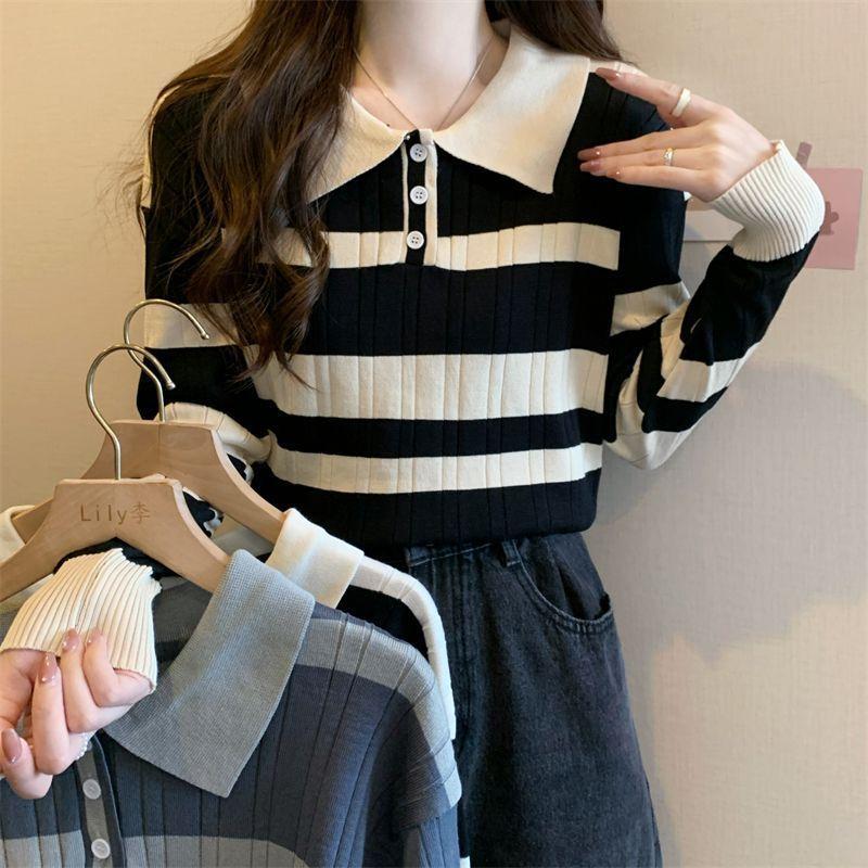 Product Introduction of Striped Polo Collar Knitwear for Women 2024 Spring and Autumn New Contrast Color Design Chic Slim Short Long Sleeve Top Womenswear Lingerie Comfort Knitting Collared 5