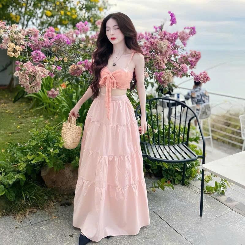 Set đồ nữ áo bra ren 2 dây rời cột thắt nơ ( có mút ) phối chân váy dài dáng xòe dễ thương dành cho nàng diện đi chơi và đi biển M103 4
