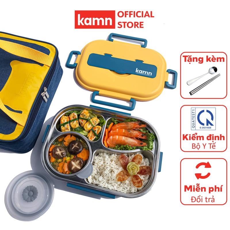 Hộp cơm văn phòng kèm túi Yummy Kamn inox 304 - 1500ml 4 ngăn chống tràn 4 màu hiện đại hâm nóng đơn giản