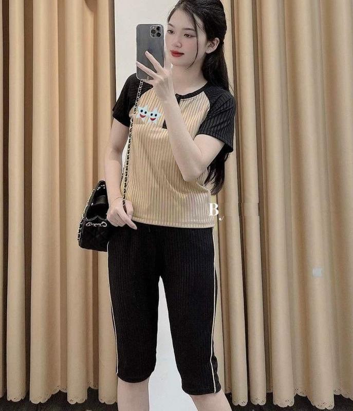 SET BỘ LỬNG THUN GÂN ÁO NGẮN TAY KÈM QUẦN DÀNH CHO MỌI HOẠT ĐỘNG Nữ Women Top Kem Polo Xanh Rêu đen tay nâu khỏe mạnh