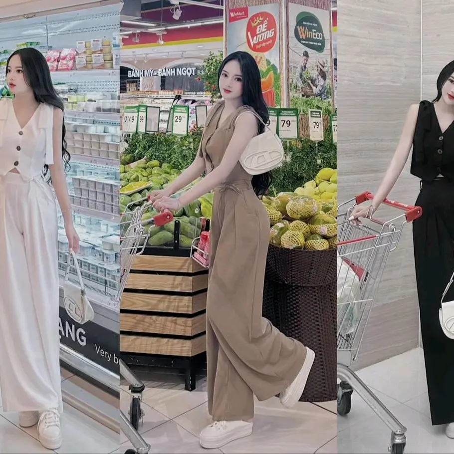 SÉT BỘ THỜI TRANG NỮ MẶC ĐI CHƠI chất tuyết mưa áo cổ chữ V không tay kèm quần dài ống rộng siêu xinh (dưới 55kg vừa) Women Top