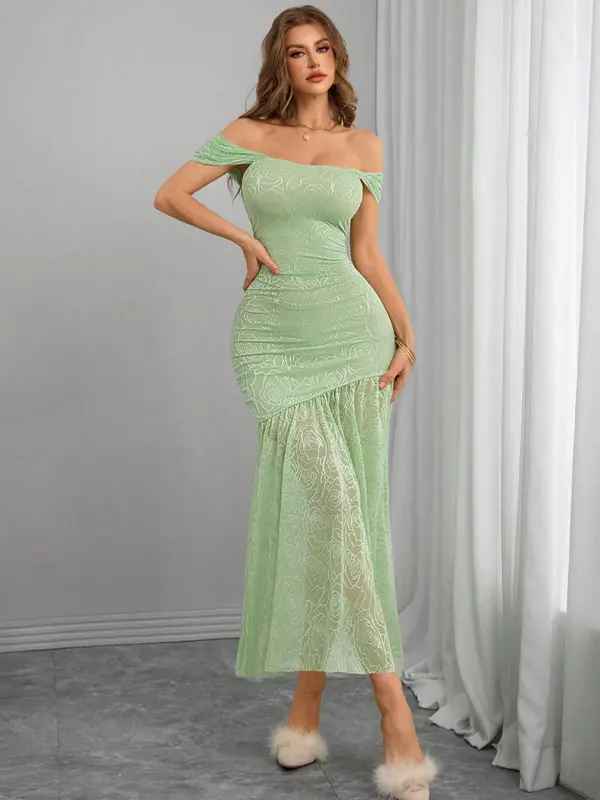 Women's Plain Floral Print Contrast Mesh Semi-sheer Mermaid Dress, Formal Elegant Backless Midi Dress for Party Club Dating Wear, Ladies Summer Clothes, Summer Dresses 2025, Womenswear 7