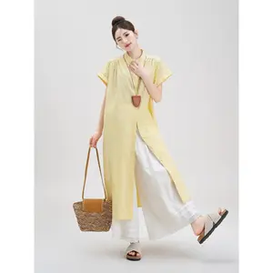 PO15 CHICMORE Gaun kemeja longgar lengan pendek warna kontras modis