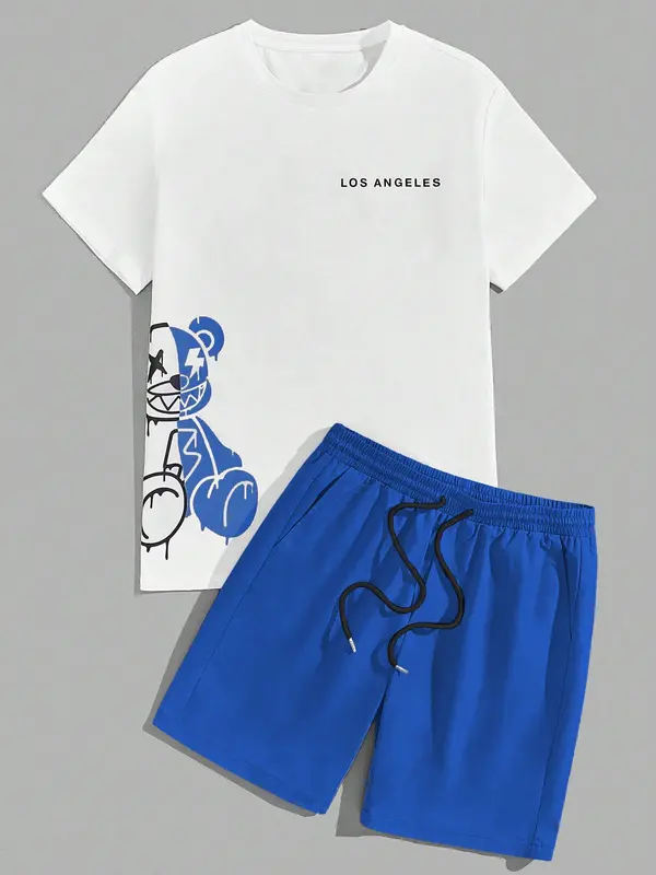 Two-Piece Set Men's Cartoon Bear & Letter Print Short Sleeve Tee & Shorts Set, Regular Fit Casual Round Neck T-shirt & Track Shorts, Summer Clothes Set for Men 7