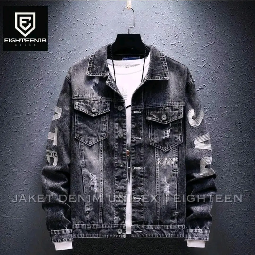 Jaket Jeans Pria Unisex Black Snow EITN Bordir Keren Distro Kancing Casual cowok Terbaru Terlaris Kekinian
