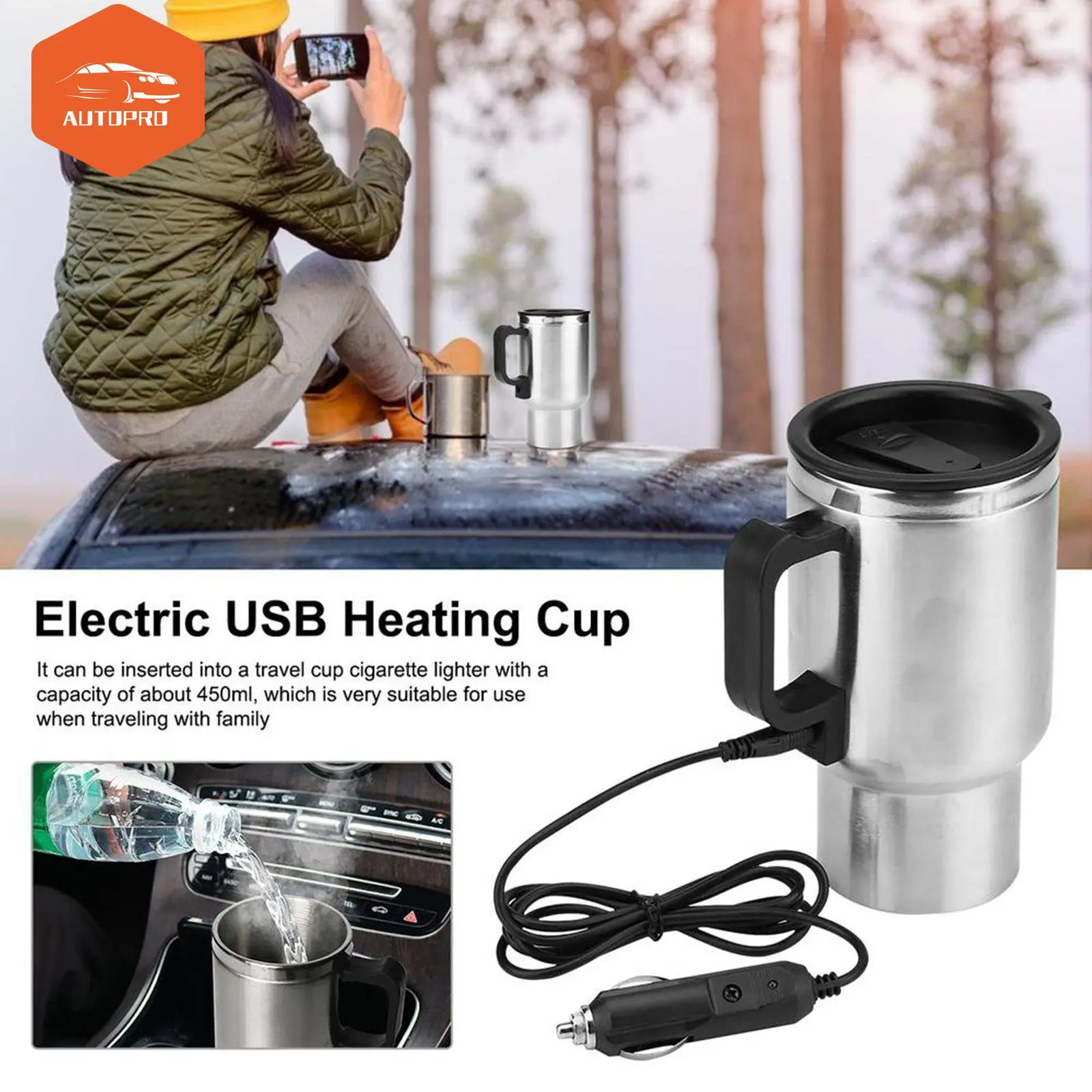 12V 450ml Stainless Steel Vehicle Heating Cup Electric Heating Car Kettle Camping Travel Kettle Water Coffee Milk Thermal Mug