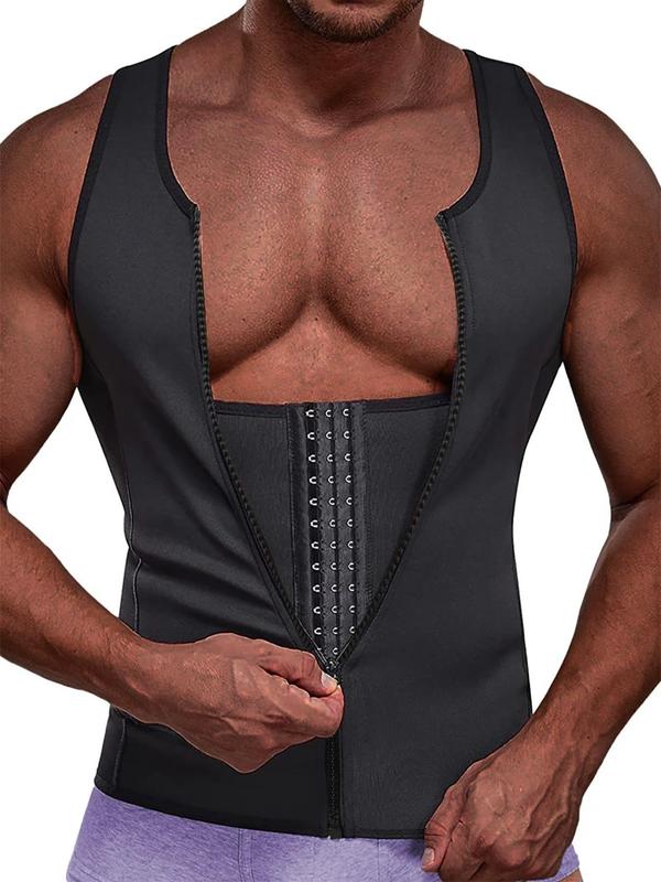 Men's Solid Zip Front Waist Trainer, Summer Adjustable Body Shaper Vest, Workout Gym Exercise Sweat Shirt, Men's Sport & Outdoor Clothing, Gym Clothing Men 0
