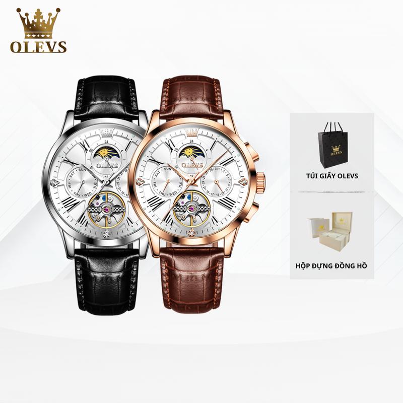 (TẶNG TÚI GIẤY OLEVS ) Đồng Hồ Cơ Nam Cao Cấp OLEVS 9912 Chính Hãng Dây Da Thật Chống Nước Hiển Thị Ngày Mặt Trăng Kim Dạ Quang Độc Đáo Thời Trang Size 40.5MM