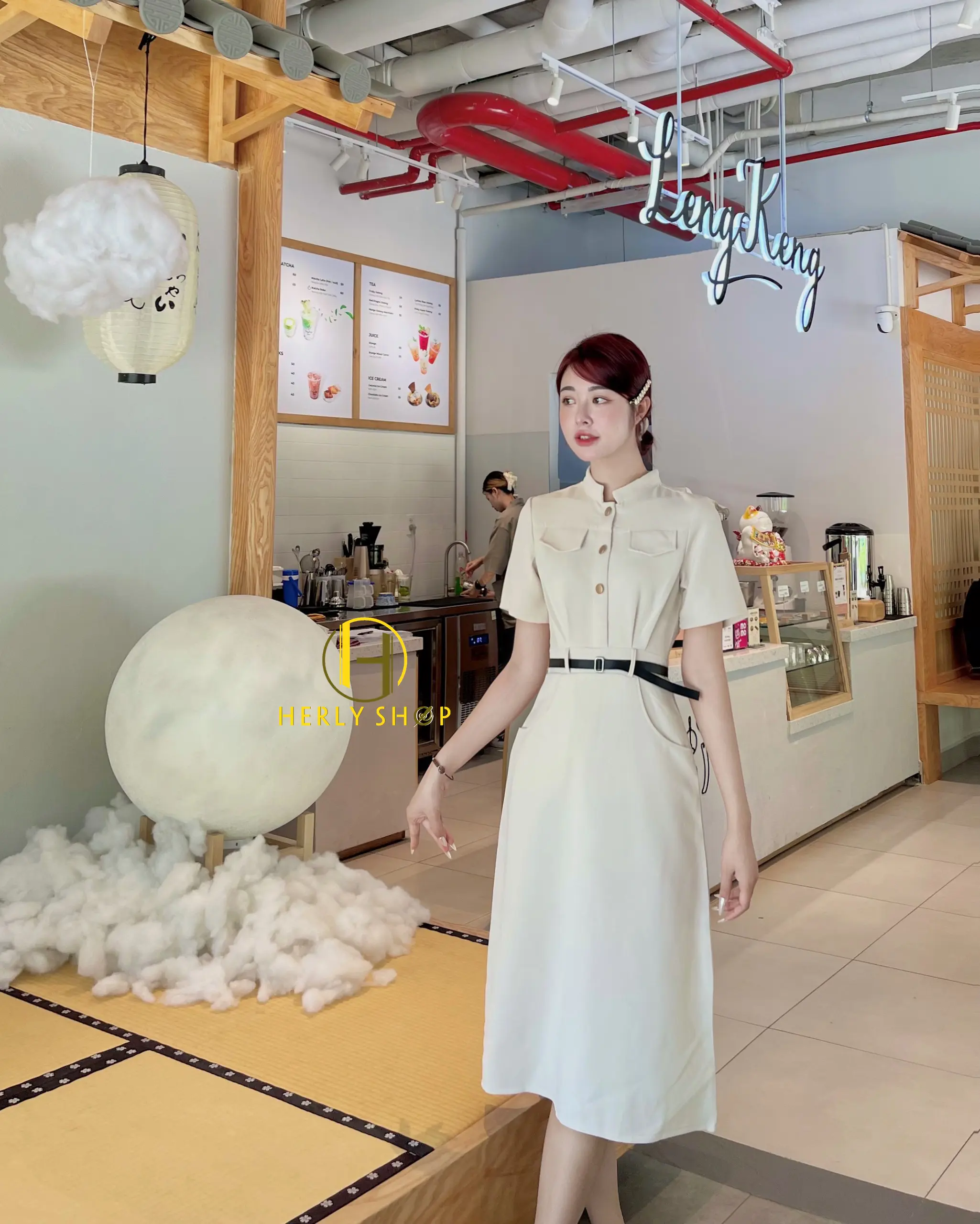 (D225)ĐẦM MIDI NỮ CỔ TRỤ ĐÍNH NÚT CÓ TÚI HÔNG tay ngắn chất cotton lì Dress Kem Women Đen