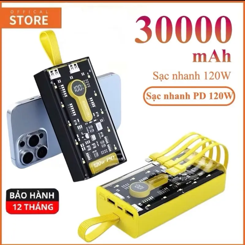 Sạc Dự Phòng 120W 30000mAh Trong Suốt Tích Hợp 4 Cổng Sạc Tiện Lợi Sạc Siêu Nhanh Có Đèn LED