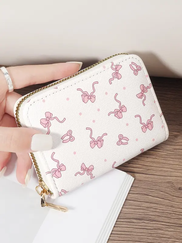 Women's Cute Cartoon Bow Pattern Card Holder, Casual Multi Card Holder with Double Zipper, Simple Casual Multi Card Holder for Outdoor Activities, Travel, and School 0