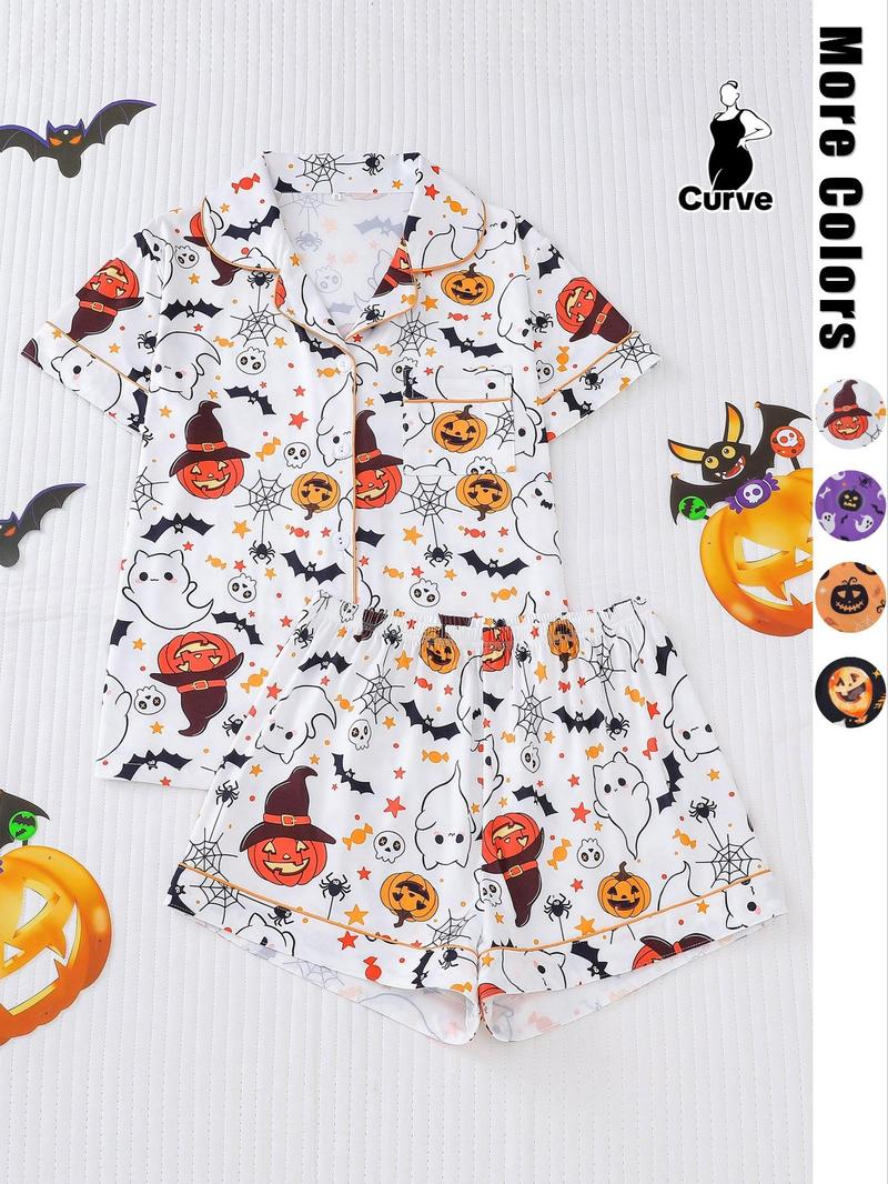 Product Introduction of 【Plus Size】 Two-piece Set Pumpkin & Skull Print Lapel Neck Pocket Shirt & Elastic Waist Shorts Pyjama Set, Halloween Casual Comfy Short Sleeve Button Up Top & Shorts Pj Set, Halloween Pajamas, Christmas Pajamas, Pyjamas for Women 6