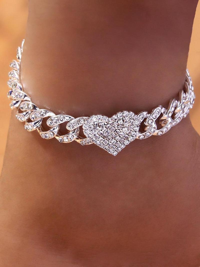 Product Introduction of Women's Elegant Rhinestone Decorated Heart Design Anklet, Exquisite Trendy Hip Hop Iced Out Jewelry Anklet, Fashionable Body Jewelry for Women & Girls, Valentine's Day, Gift 2