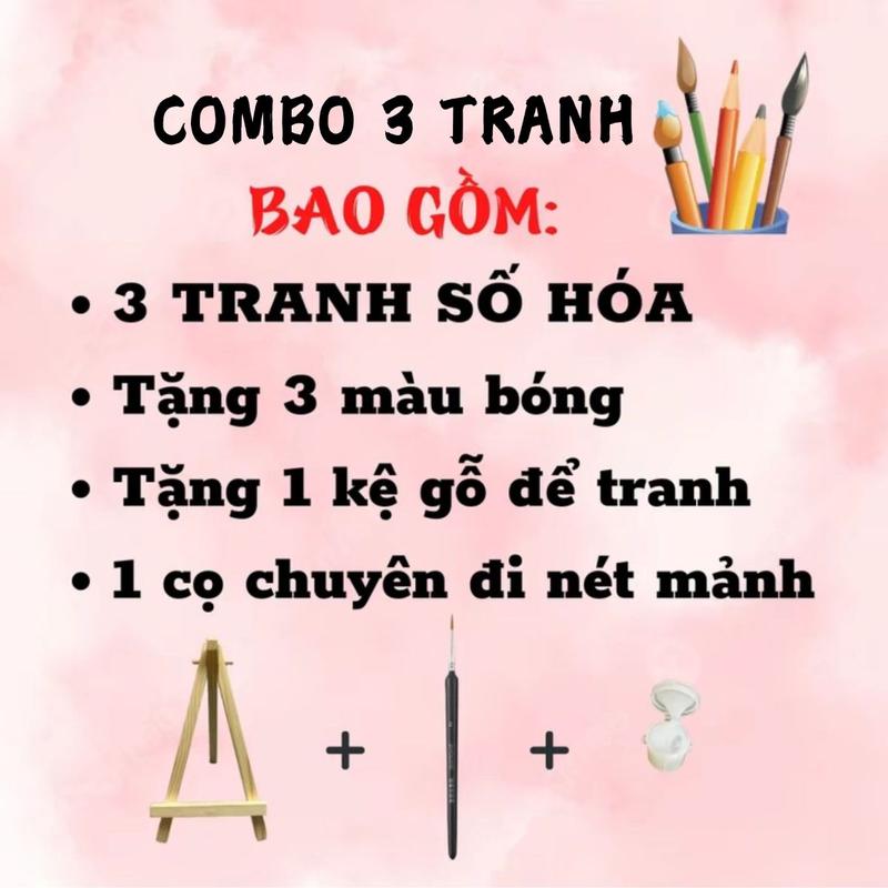 Combo 3 tranh số hóa tự chọn theo chủ đề size 20x20 đã căng sẵn khung, kèm màu và cọ vẽ, tặng 3 màu bóng, 1 kệ gỗ để tranh Diy Tô Màu tranh  tô Vẽ Tranh