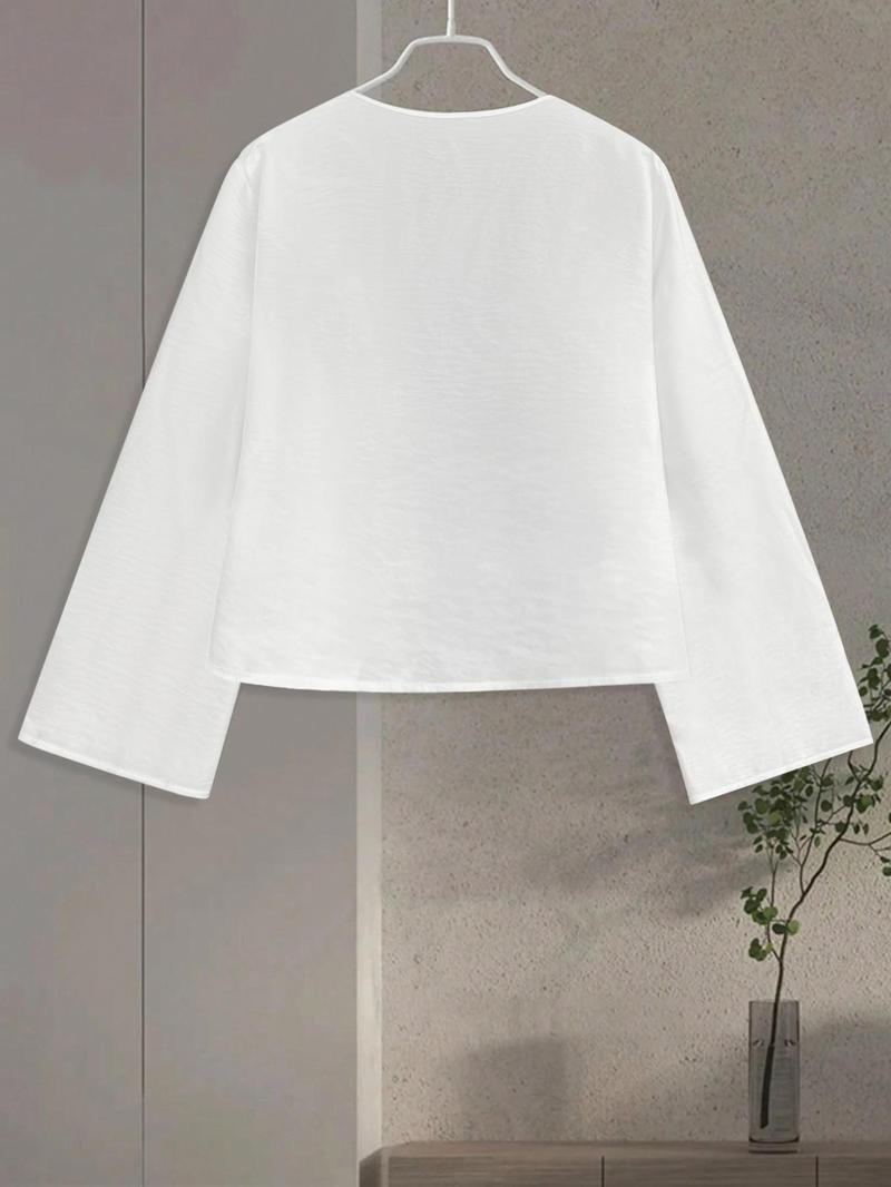 Product Introduction of Women's Plain Tie Front V Neck Blouse, Casual Long Sleeve Top for Spring & Fall, Women's Clothing for Daily Wear, Workwear, January Workwear 7