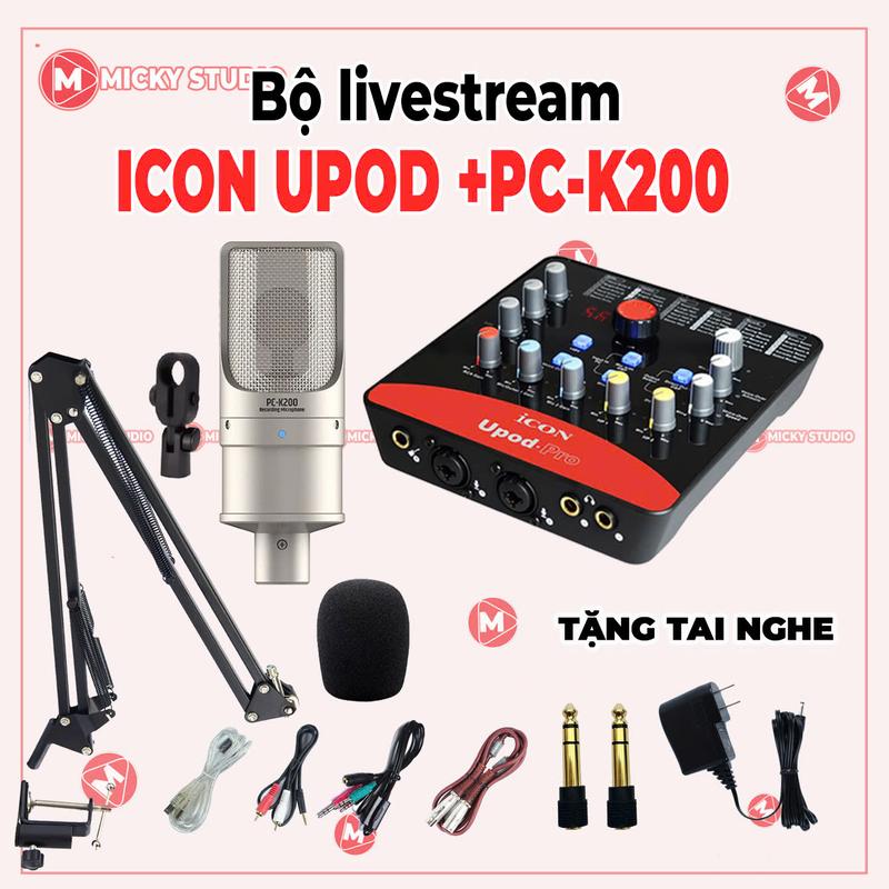 Trọn bộ mic PC_K200 sourd card ICON UPOD PRO có 72 chế dộ vang dùng để livestream thu âm dùng cho điện thoại và máy tính đầy đủ chân đỡ mic kẹp bàn dây live dây mic dây usb dây lấy nhạc tặng kèm tai nghe