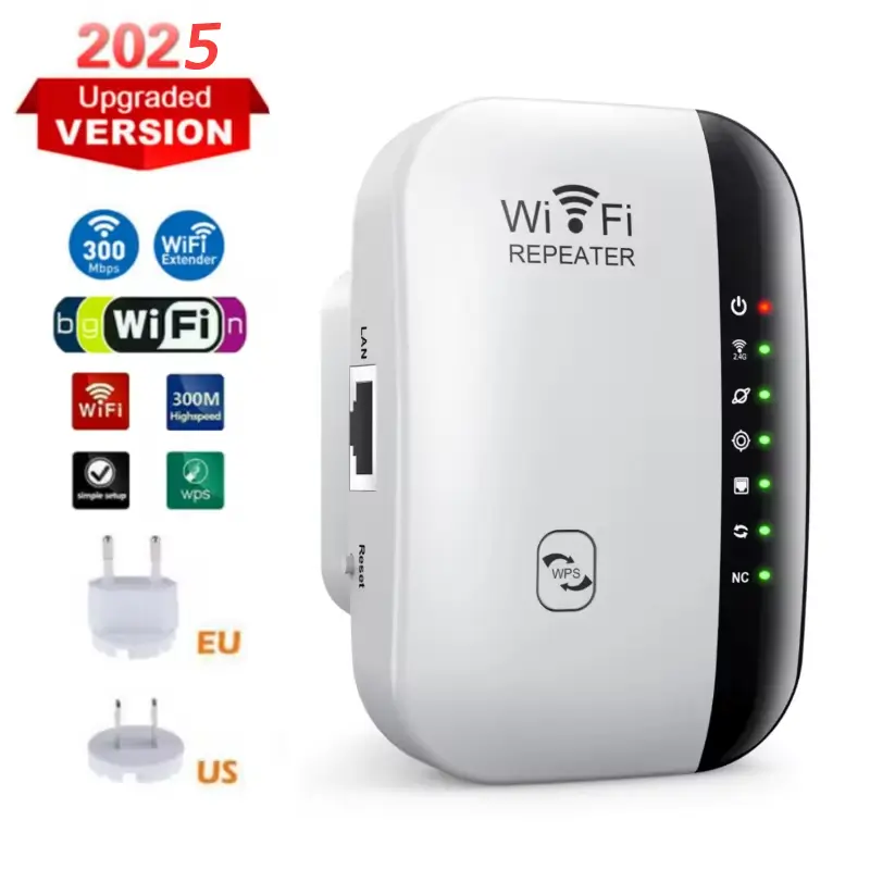Pengulang WiFi Tanpa Wayar, Penguat Penggalak Pemanjal WiFi, 300Mbps, Penghala 802.11N WPS, Julat Jauh (7 Lampu Status), Serasi dengan PC Office