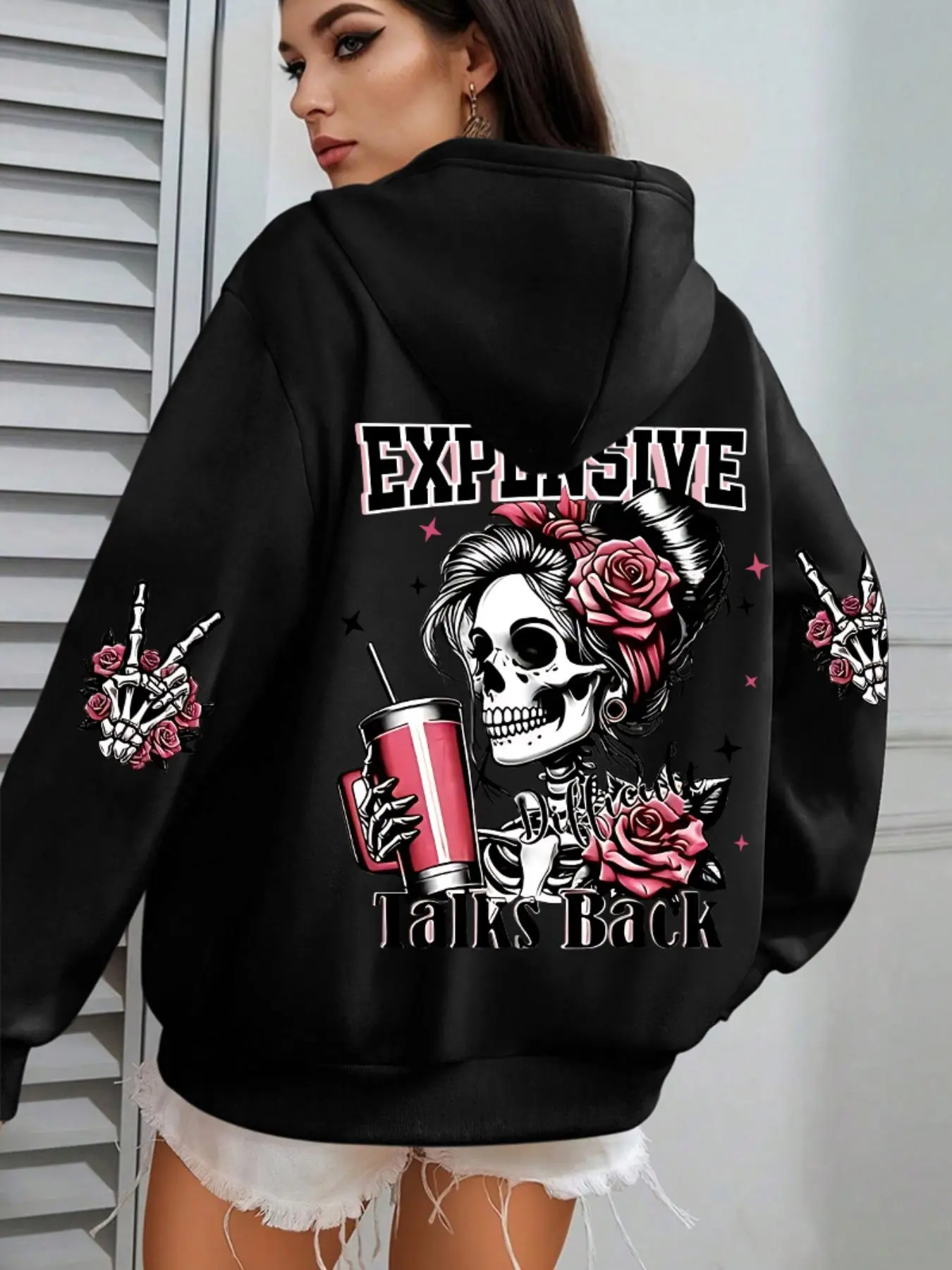 Women's Skull & Letter Print Drop Shoulder Thermal Lined Hoodie, Fashion Casual Skeleton Graphic Hooded Sweatshirt for Daily Holiday Outdoor Wear, Ladies Clothes for All Seasons
