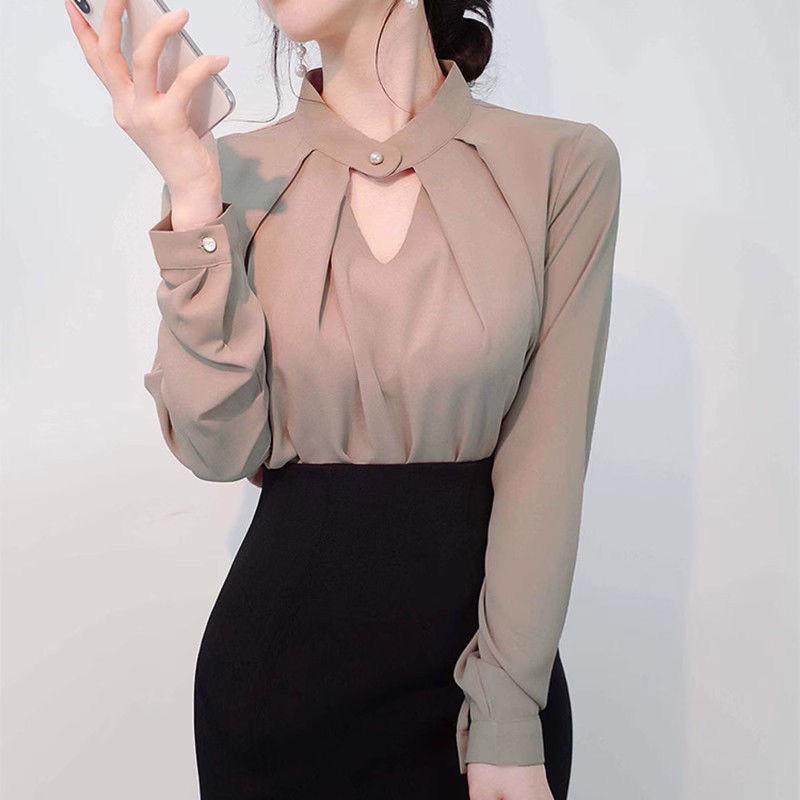 Áo Sơ Mi Dài Tay Màu Trơn Cho Nữ, Áo Sơ Mi Đế Gợi Cảm Mới, Áo Sơ Mi Nhỏ, Áo Trượt Trên Đầu, Khăn Quàng Cổ Thanh Lịch 6