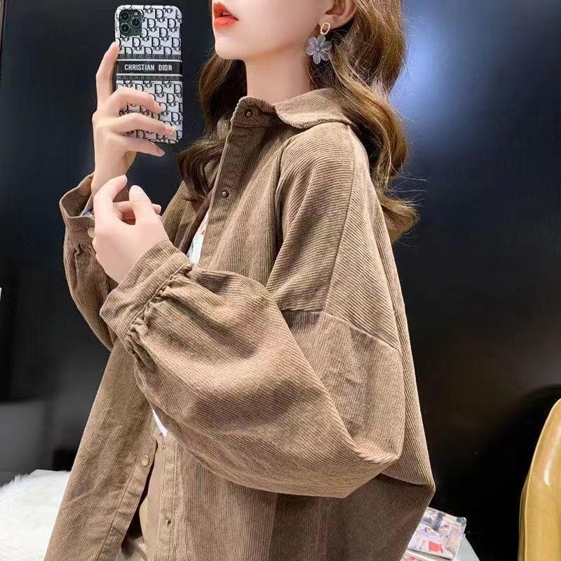 Áo Sơ Mi Vải Nhung Kẻ, Phong Cách Cổ Điển Mùa Thu Mới, Dài Tay, Dáng Rộng Rãi Và Thường Ngày, Áo Sơ Mi Dài Trung Bình Áo Khoác Ngoài Nữ Women Top Shirt Lệch Vai 1