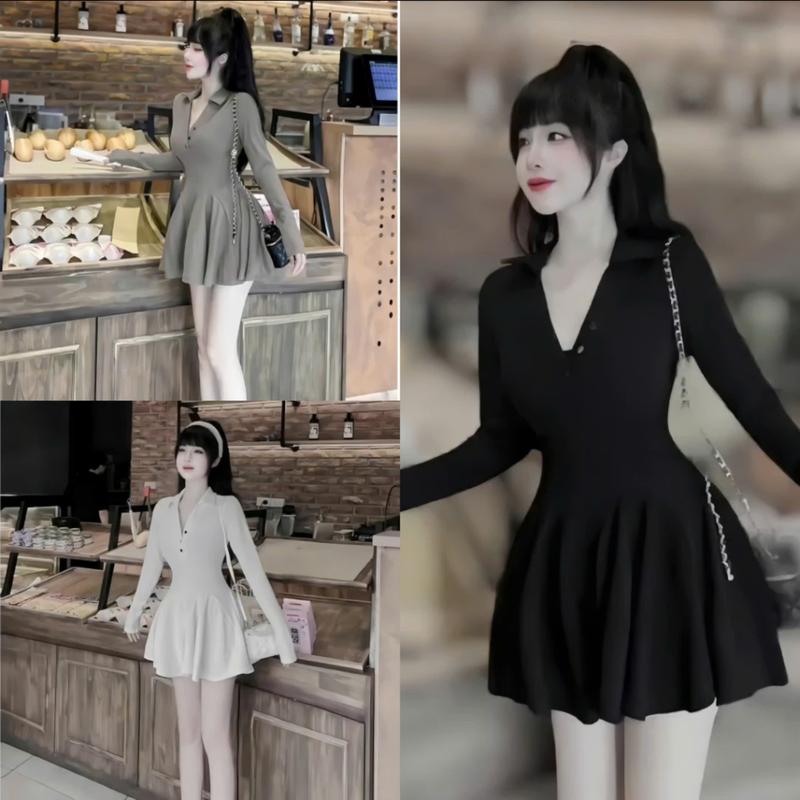 Set đầm body dáng ngắn dáng xòe cổ trụ tay dài kèm quần chất thun tăm lạnh_85AV Nữ Women Kem Dress Đen