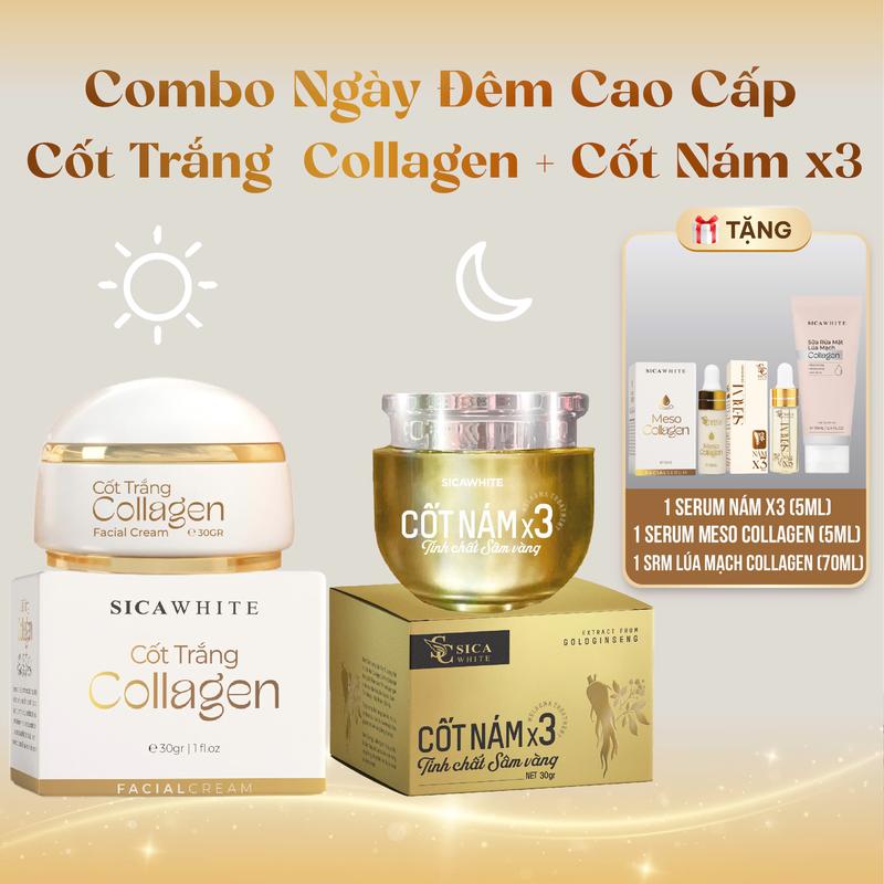 D8 Combo Ngày Đêm Cốt Nám X3 Tặng Serum Nám 5ml - Cốt Trắng Collagen Tặng Serum Meso 5ml - Tặng 1 Sữa Rửa Mặt Lúa Mạch Collagen 70ml