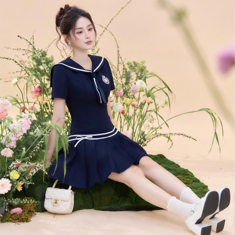 ZAMYSHOP - Váy TK cổ thủy thủ chân xếp ly nữ tiểu thư thanh lịch đi làm, đi chơi, dạo phố dáng xinh 2