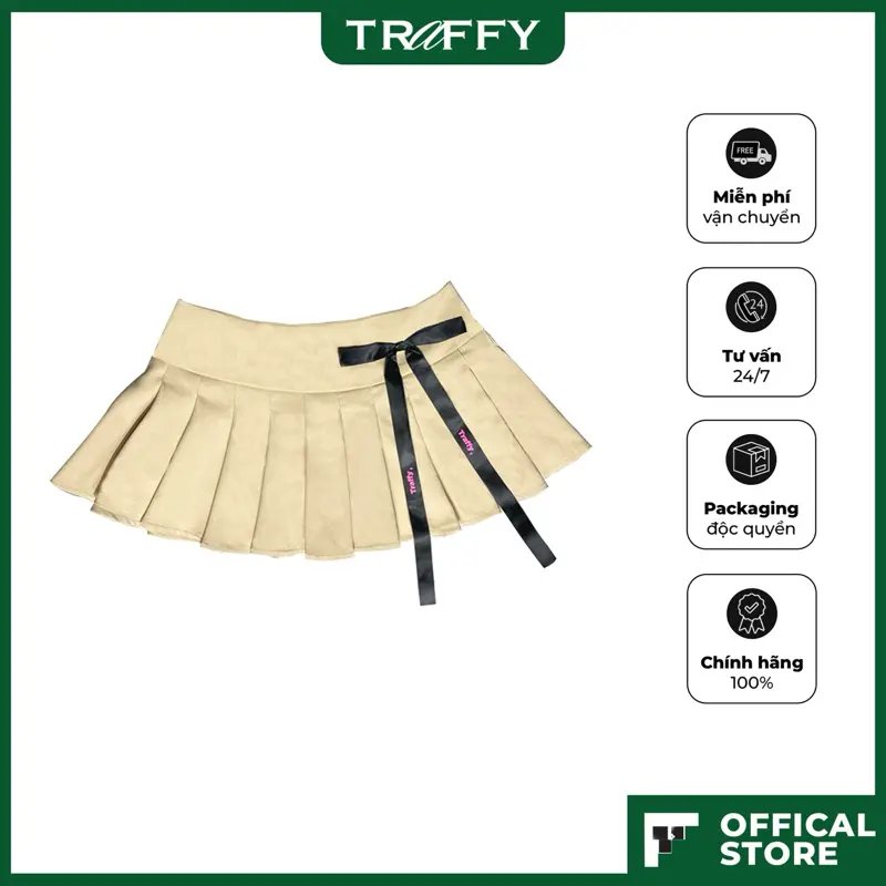 Chân Váy Xếp Ly TRAFFY LocalBrand Vải Tuyết Mưa Có Lót Trong Gắn Nơ Dễ Thương Dáng Xoè Đi Chơi Dáng Mini Skrit Màu Taupe Women