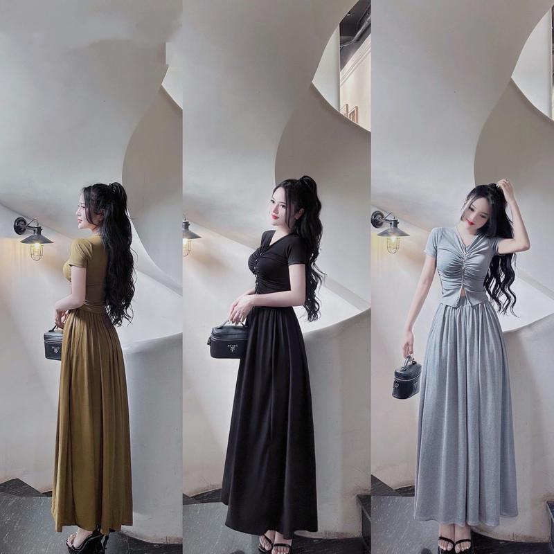 Set áo tay ngắn cổ tim nhún đính nút phối chân váy xòe dài thanh lịch  - thun gân lạnh SL7052 set bộ , set nữ tôn dáng , set chân váy , set bộ nữ , set đi biển , set váy