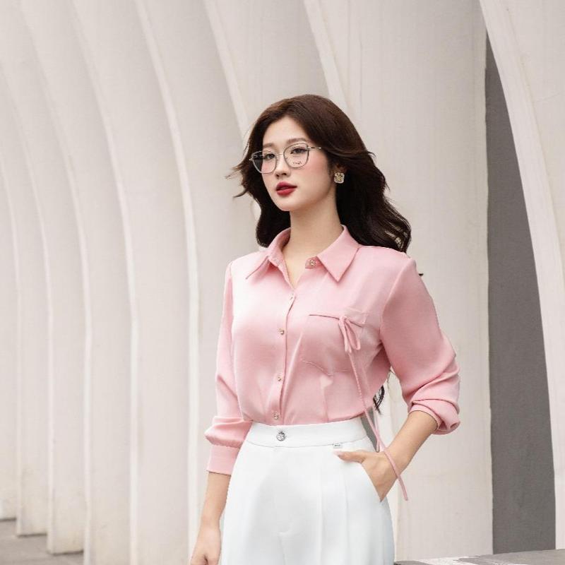 Áo sơ mi lụa tay dài phối cổ LA444 0