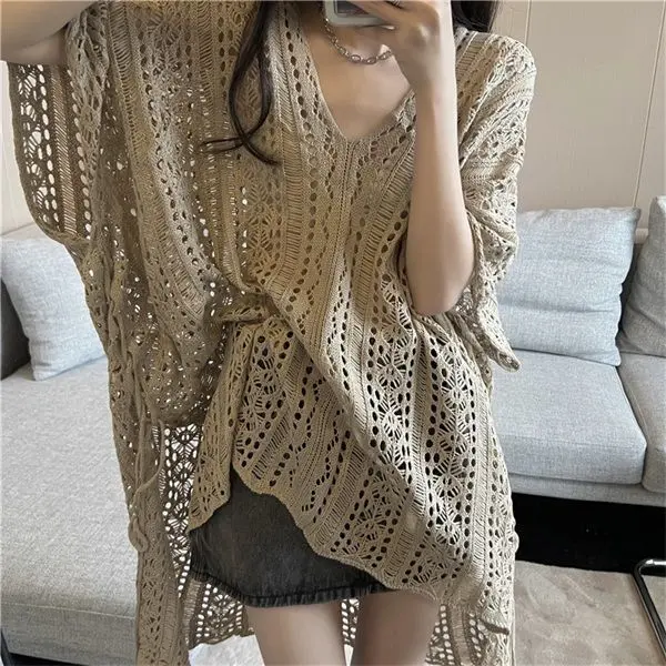 Vintage Spicy Girl Collar Hollow Knitted Cardigan for Women Summer Design Sense Niche Loose Slimming Outerwear Knitted Top