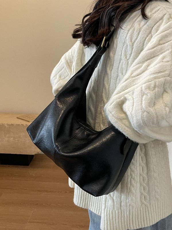 Women's Plain Color Large Capacity Shoulder Bag, Retro Fashion Soft Pu Leather Bucket Bag, Casual All-match Crossbody Bag for Work & Daily Used 2