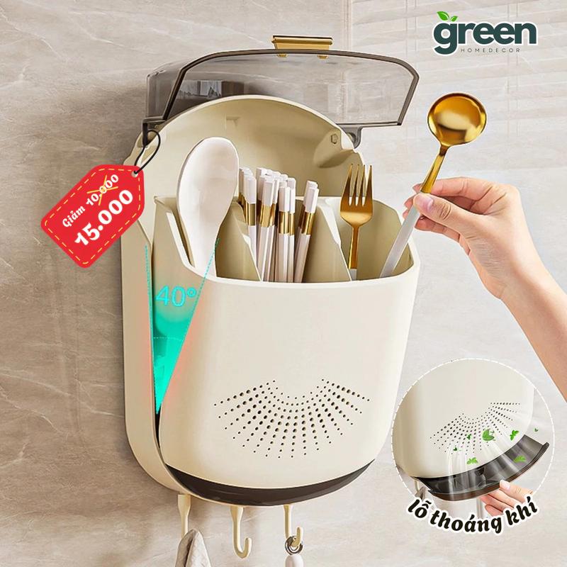 Hộp đựng đũa muỗng có nắp đậy treo tường chống bụi tích hợp móc treo đa năng HH-118 Kitchen hop dung du a bep kê thìa ống khay