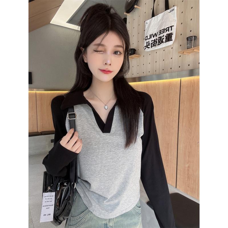 Áo thun nữ dài tay áo thun kiểu polo cổ bẻ tăm co giãn kiểu dáng basic A197 PANOSI Women Top Voi Voan 6