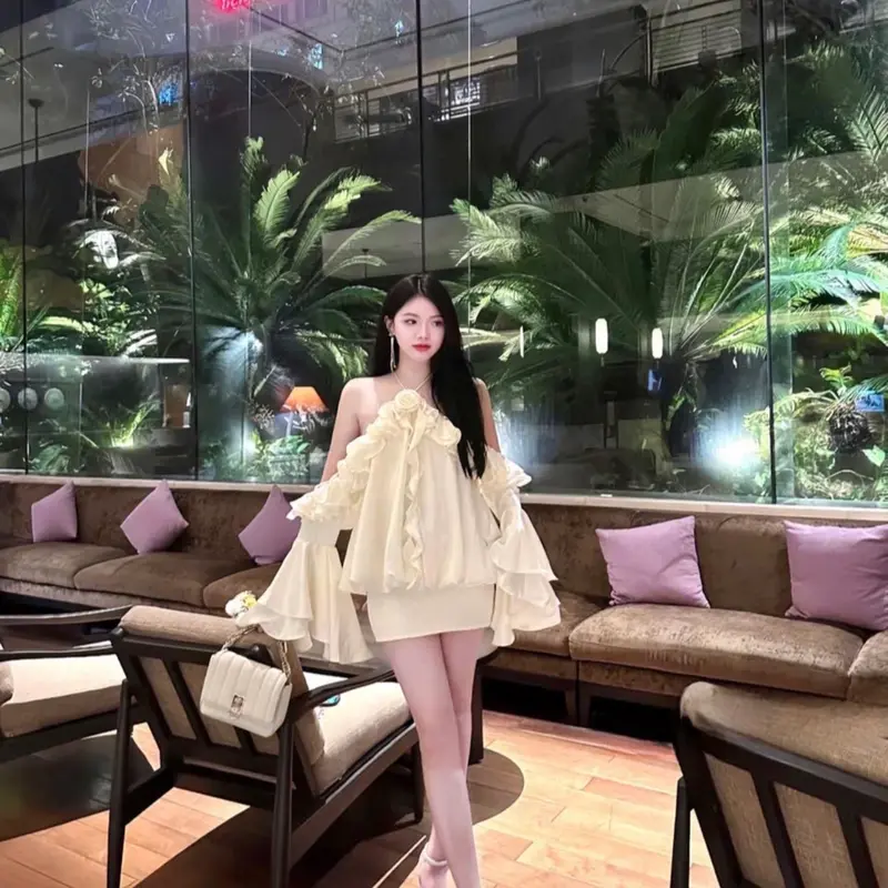 Váy nữ sang chảnh - Váy lụa rớt vai bèo hoa cổ tay loe (TL-1393) Women Dress 3