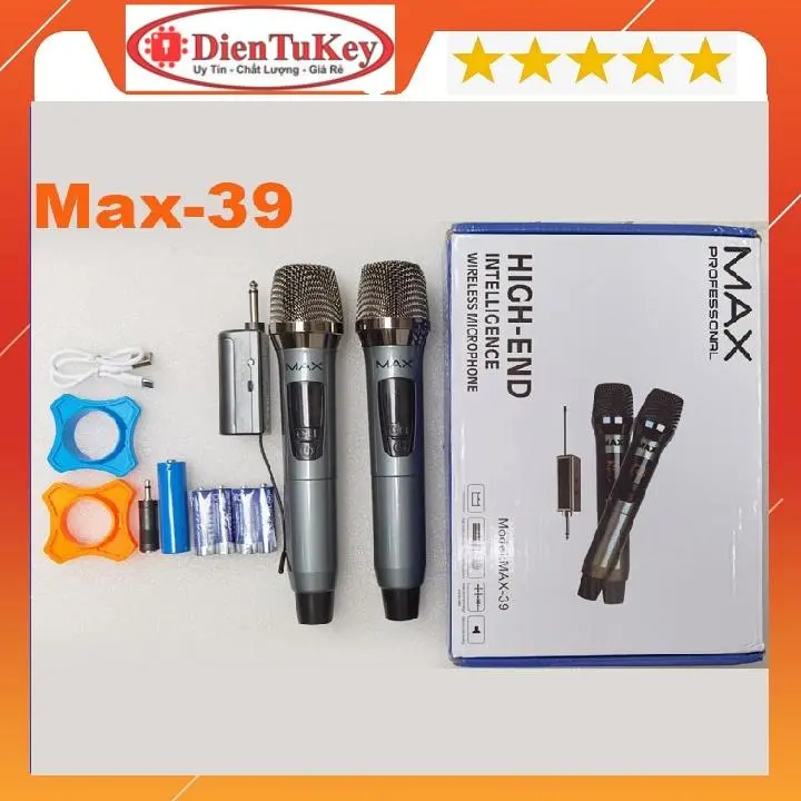 Micro đa năng  Combo 2 mic không dây MAX 39 hát karaoke gia đình cực hay trang bị màn hình LCD hiển thị tần số