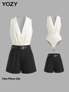 Two-Piece Set YOZY Women's Solid Color Bodysuit & Shorts with Belt, Casual Fashion Cozy Top & Shorts for Daily Outdoor Wear, Ladies Clothes for All Seasons