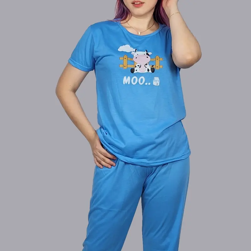 BAJU TIDUR WANITA SETELAN KAOS, PRINT KARAKTER LENGAN PENDEK 3