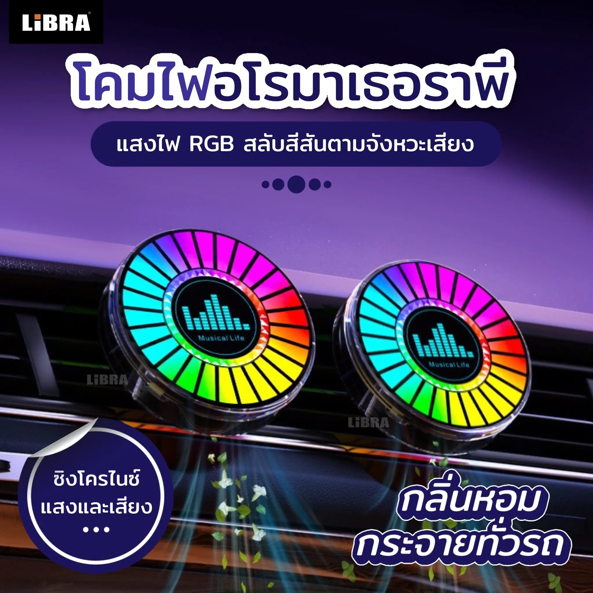 ไฟบรรยากาศ+กลิ่นหอมในรถยนต์ ไฟสี RGB มีหลายสีที่สามารถสลับได้ ไฟจะกระพริบตามเสียง ของแถมอุปกรณ์เสริม 6 ชิ้นเหมาะสําหรับรถยนต์  ฯลฯ ปรับสีได้หลายแบบ รถจักร Car Led หลอดไฟ