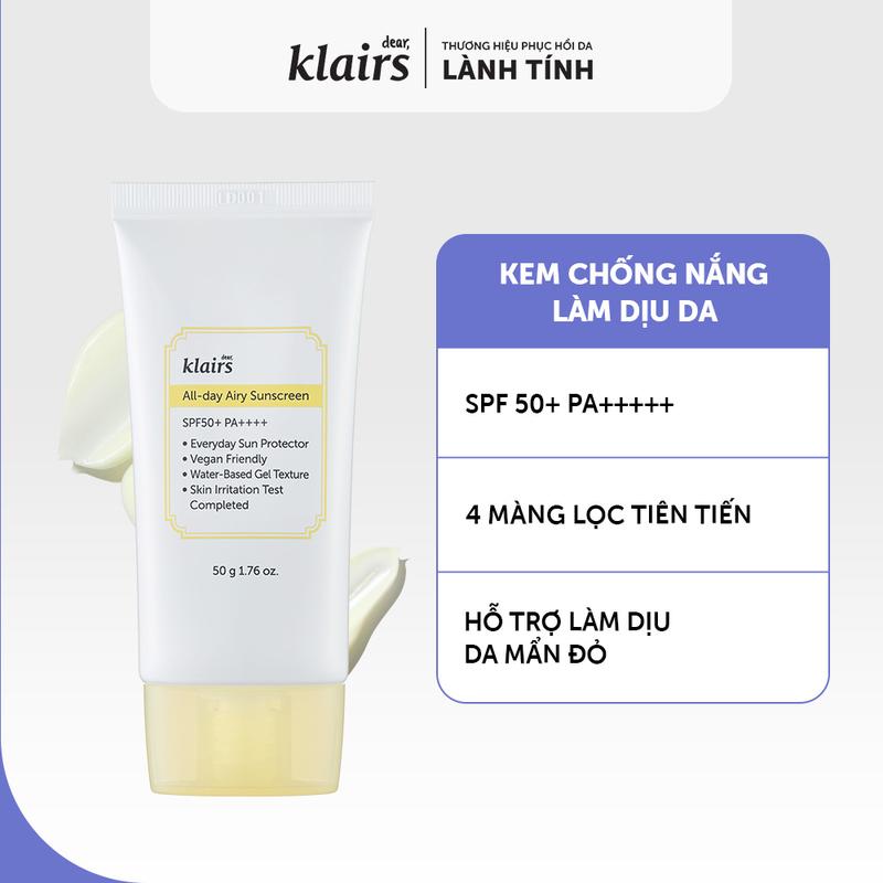 Kem chống nắng Dear, Klairs All-day Airy Sunscreen SPF50+ PA++++ 50g